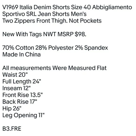V1969 Italia Denim Shorts Size 40 Abbigliamento Sportivo SRL Jean Shorts Men's - Picture 9 of 9